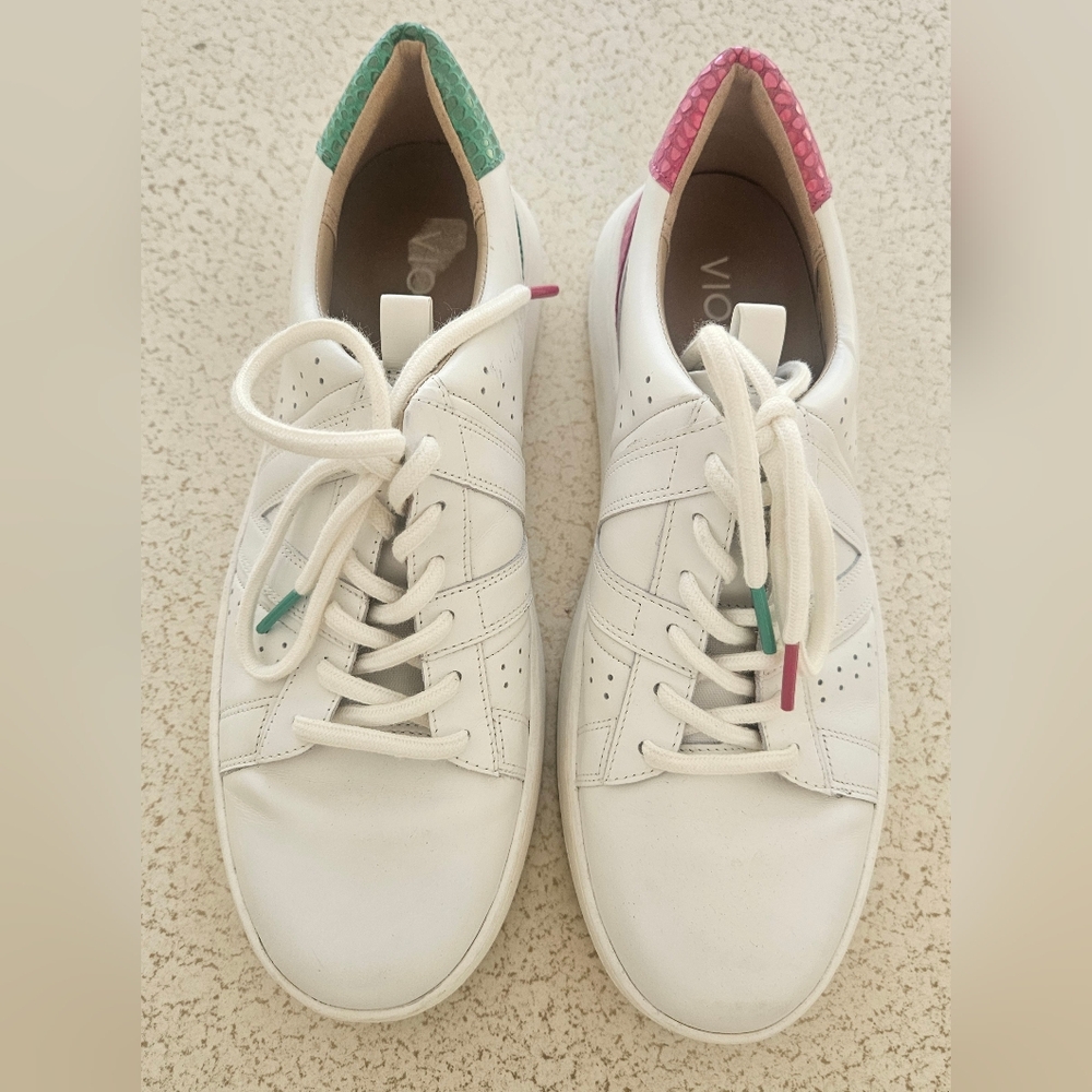 Vionic Women's White Sneakers with Pink and Green Accents
